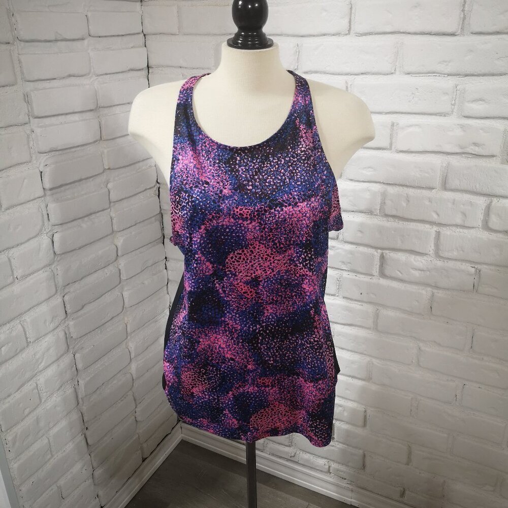 Under Armour Run Ladies Size XL Navy Black Brown & Pink Pattern Racer Back Top